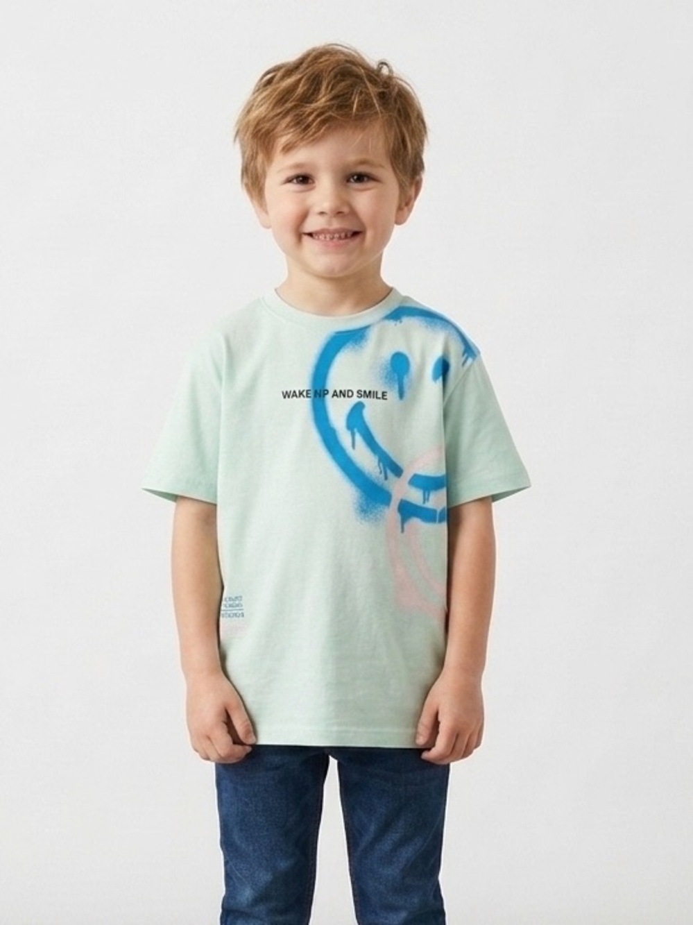 Zara Kids' Blue and Pink Smiley Tee size 6-7